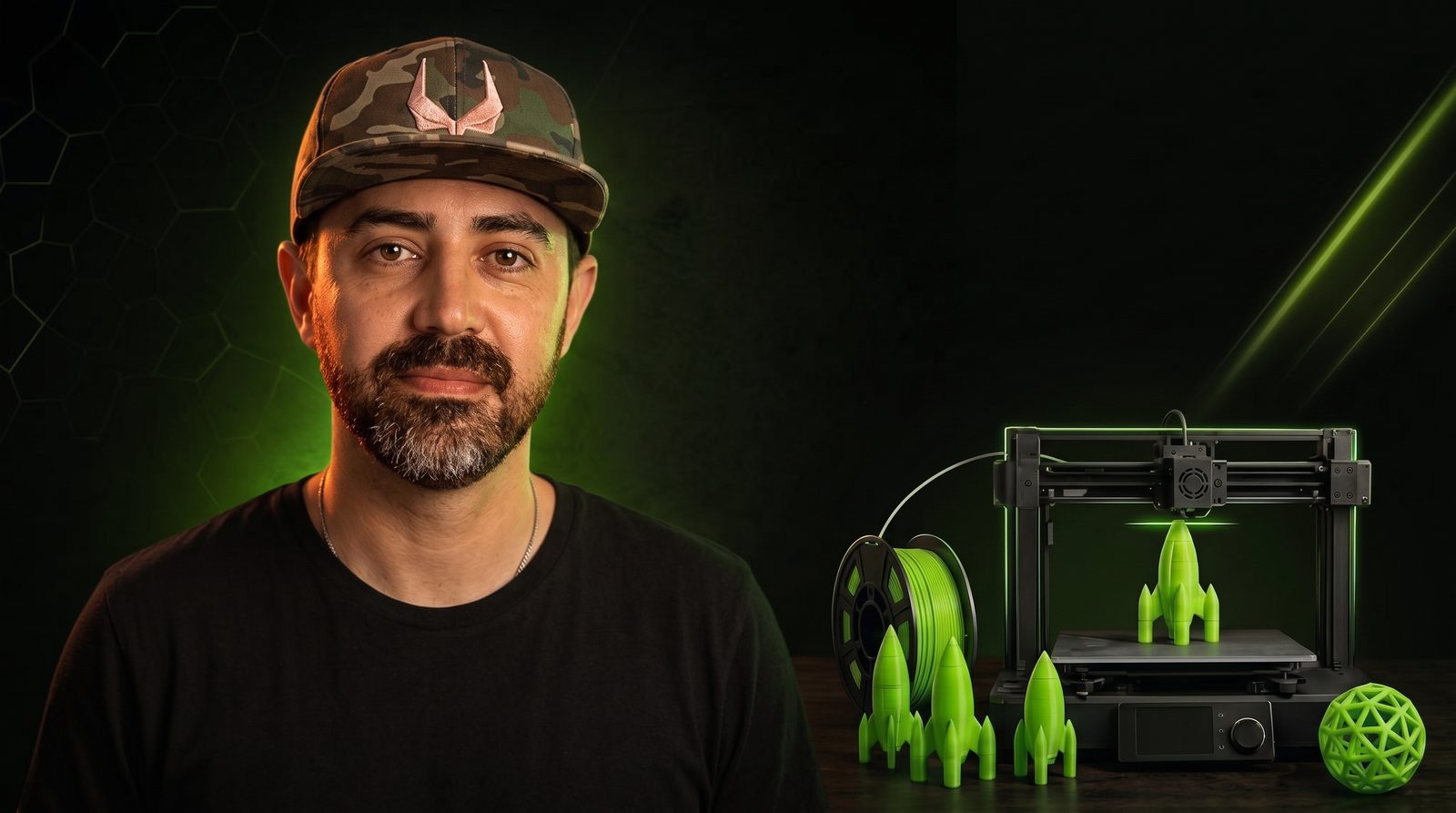 Instrutor Fabricio Matias Teixeira ao lado de impressora 3D e peças impressas em verde